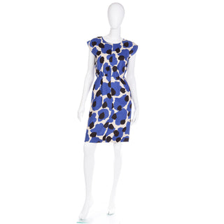 1980s Yves Saint Laurent Bold Blue Floral Linen Sleeveless Dress