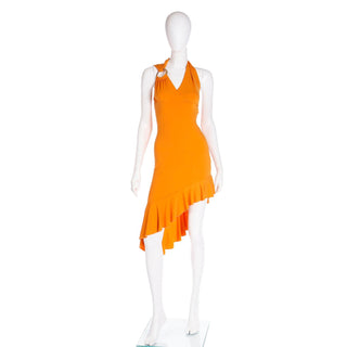 2000s Gianni Versace Couture Deadstock Tangerine Orange Asymmetrical Dress w Tag