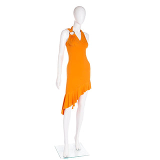 2000s Gianni Versace Deadstock Tangerine Orange Stretch Jersey Asymmetrical Dress w Tag