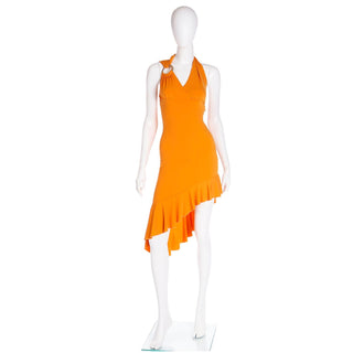 2000s Gianni Versace Deadstock Tangerine Orange Asymmetrical Dress w Tag Y2K