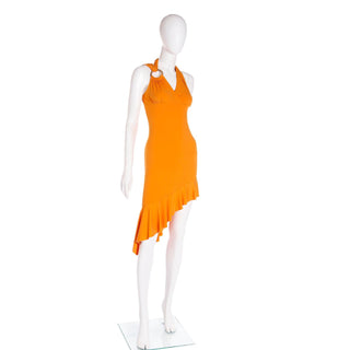 2000s Gianni Versace Deadstock Tangerine Orange Asymmetrical stretch Dress w Tag 