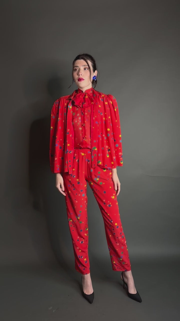 Vintage S/S 1979 Valentino Couture 3pc Red Polka Dot Silk Pants Blouse & Jacket 3pc