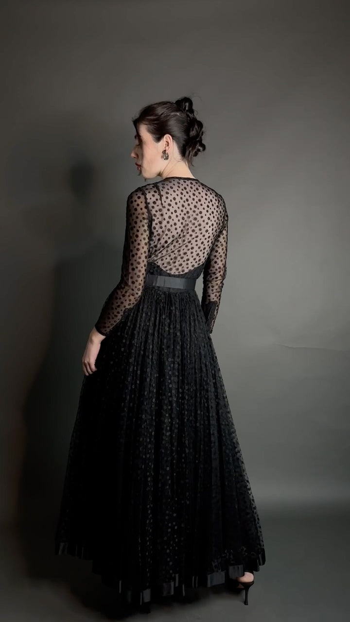 Vintage Bill Blass Black Dot Tulle Evening Gown