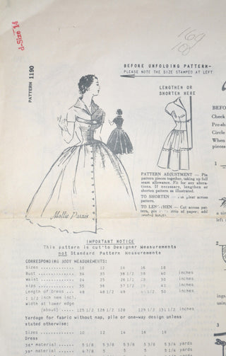 Vintage Mollie Parnis Dress Pattern Spadea 1190 mail order 36B - Dressing Vintage