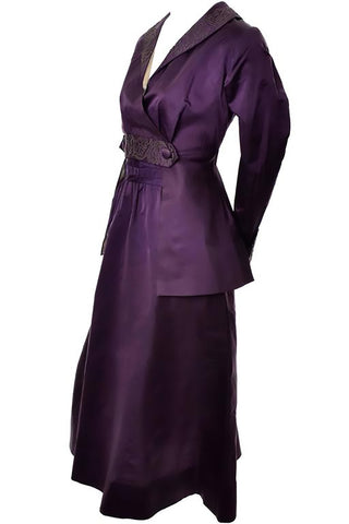 Edwardian Skirt & Jacket Walking Suit Soutache Trim Purple Silk Vintage Ensemble - Dressing Vintage