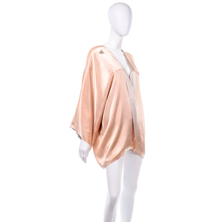 1920s Peach & Gray Silk Satin Reversible Kimono Robe w/ Spiderweb & Bee Design