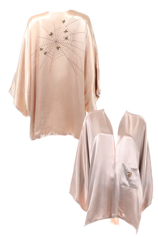 1920s Peach & Gray Silk Satin Reversible Kimono Robe w/ Spiderweb & Bee Design