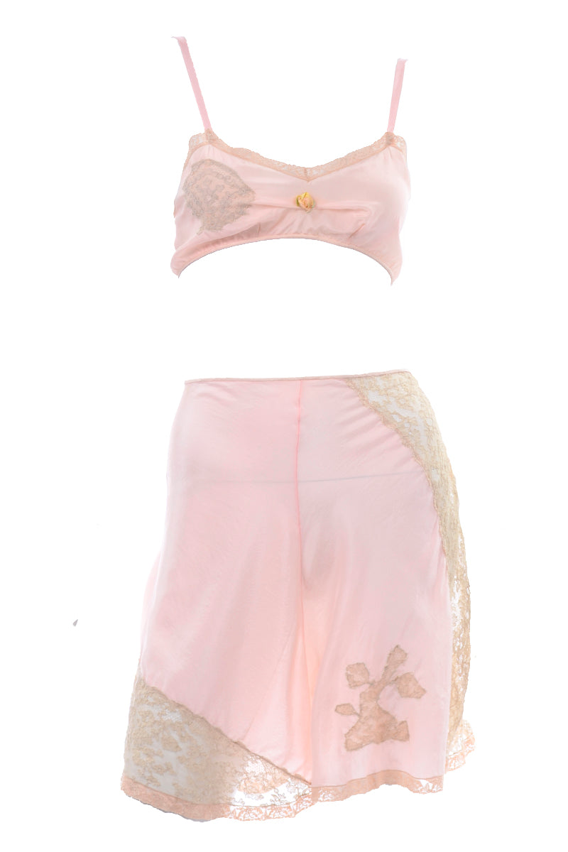 1930s Pink Silk & Lace Bra & Tap Short Set Size Small – Modig