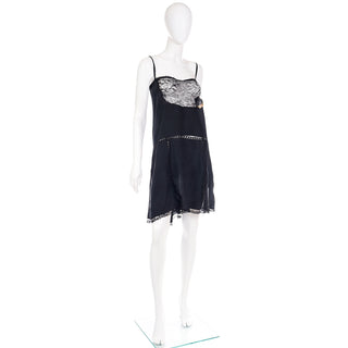 1920s Flapper Black Chemise Teddy Slip or Dress With Lace Bodice L