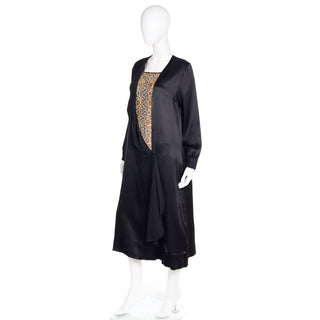 1920s Fine Black Silk Flapper Dress With Intricate Hand Embroidery 