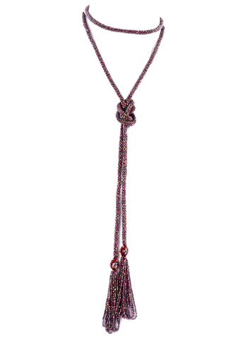 1920s Sautoir Flapper Necklace With Purple & Red Beads & Fringe
