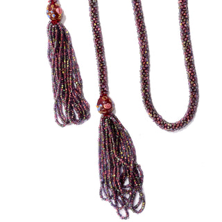 1920s Sautoir Flapper Necklace With Purple & Red Beads & Fringe Tassel