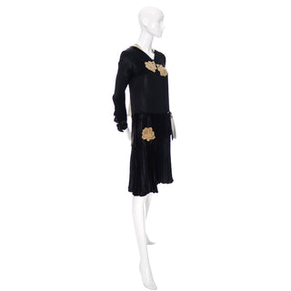 1920s Black Silk Vintage Dress with Cream Floral Appliques