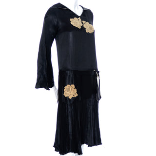 1920s Black Silk Dress with Long Sashes and Flowers
