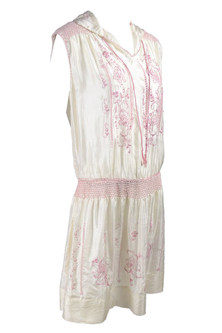 Bohemian Silk 1920s Vintage Dress in Ivory w/ Pink Embroidery