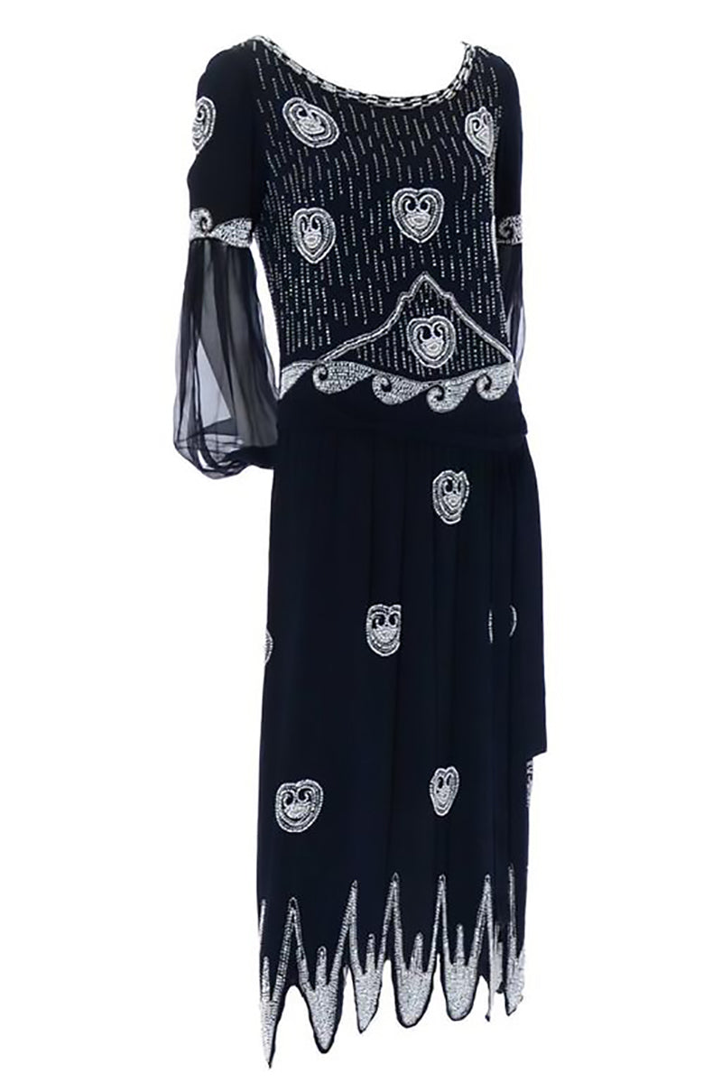 black 1920s dress Art Deco Beaded Black Vintage Dress Handkerchief Hem & Sheer Sleeves – Modig