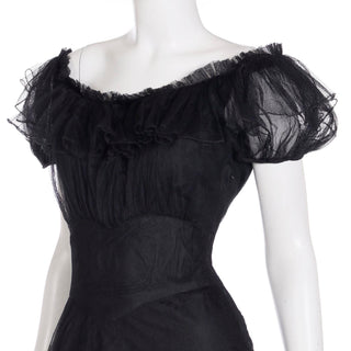 1940s Vintage Emma Domb Party Lines Black Net Evening Dress With Ruffled Hem