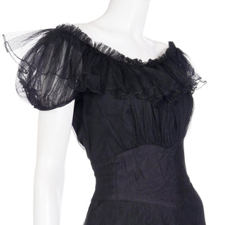 Unique 1940s Vintage Emma Domb Party Lines Black Net Evening Dress