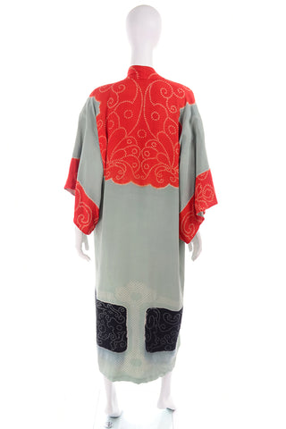 1930s Gumps Long Kimono in Green/Grey & Red/Orange Silk
