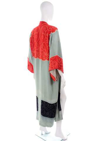 1930s Gumps Long Kimono in Green/Grey & Red/Orange Silk