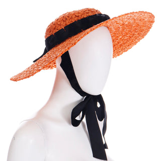 1940s Orange Straw Wide Brim Vintage Hat w unique Black Ribbon and Tie
