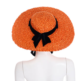 1940s Orange Chunky woven Straw Wide Brim Vintage Hat w Black Ribbon and Tie