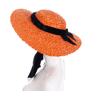 1940s Orange Straw Wide Brim Vintage Chunky Weave Hat w Black Ribbon and Tie