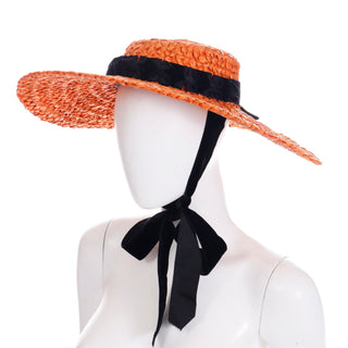 1940s Orange Straw Wide Brim Vintage Hat w Black Ribbon and Tie Chunky Weave