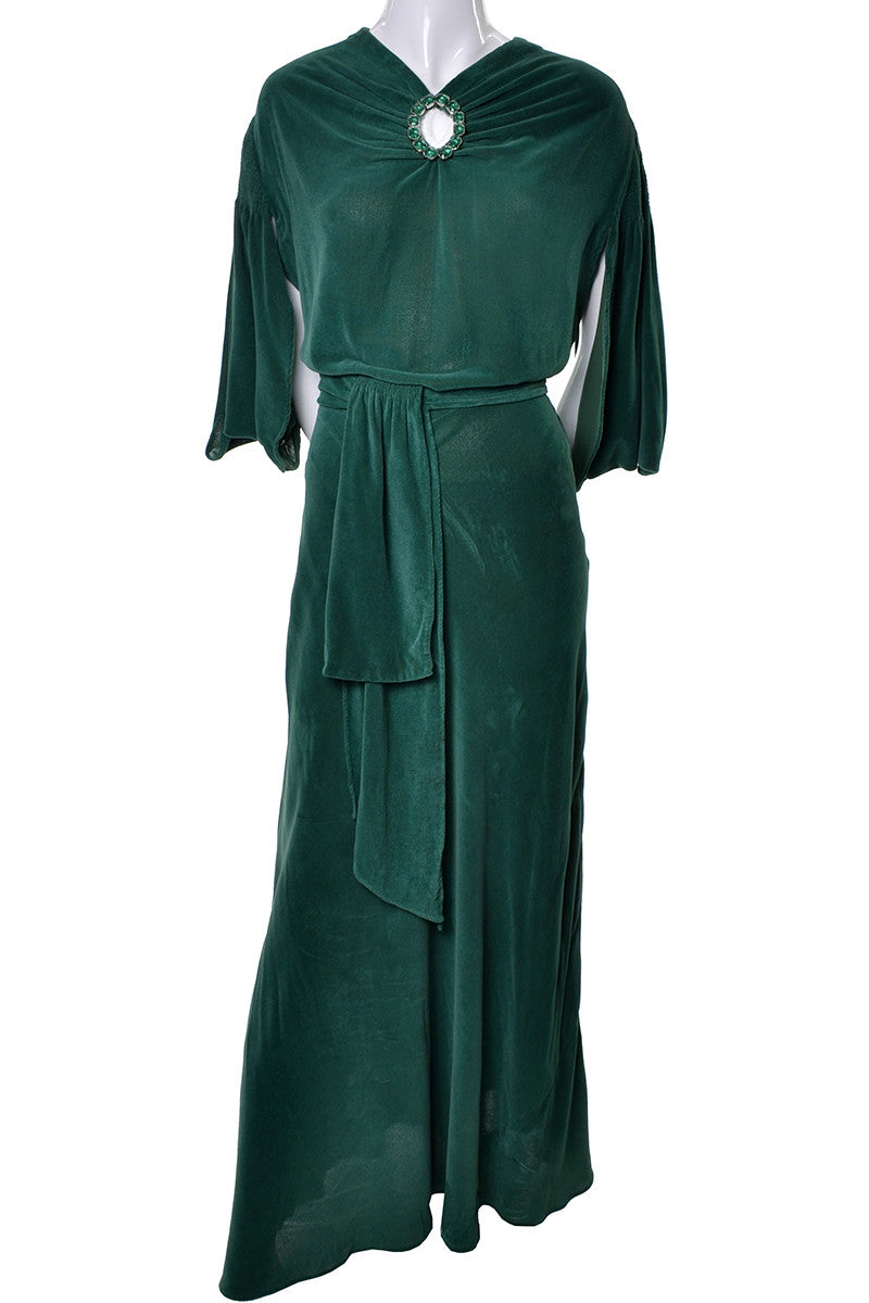1930's Long Green Velveteen Vintage Hostess Gown Robe Modig 1930's Long Green Velveteen Vintage Hostess Gown Robe Modig