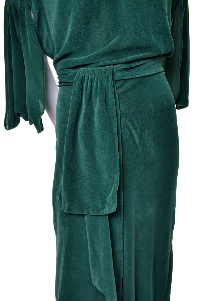 1930's Long Green Velveteen Vintage Hostess Gown Robe  Modig