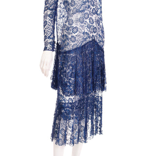 1930s Vintage Blue Floral Lace Dress with tiered hem