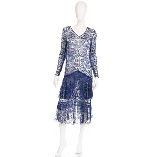 1930s Vintage Blue Floral Lace Dress tiered hem
