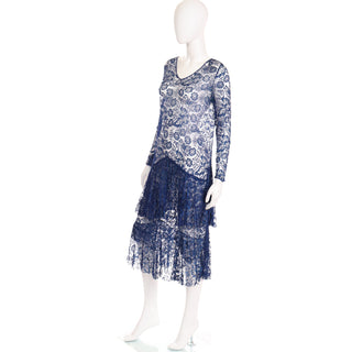 1930s Vintage Blue Floral Lace Dress slips overhead