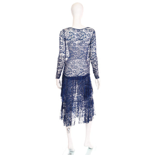 1930s Vintage Blue Floral Lace Dress sheer