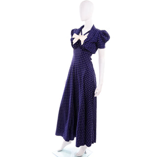 1940s Navy Blue & White Polka Dot Halter Dress w/ Bolero Jacket