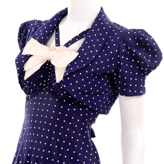 1940s Navy Blue & White Polka Dot Halter Dress w/ Bolero Jacket
