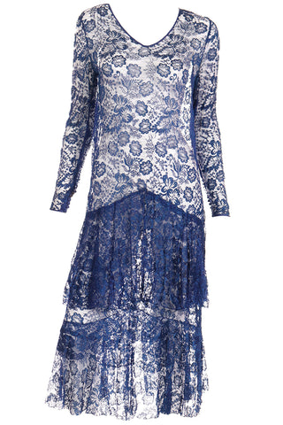 1930s Vintage Blue Floral Lace Dress