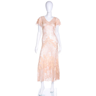 1930s Peach Lace Bias Cut Vintage Dress w/ Silk Floral Appliqués & Butterfly Sleeves 