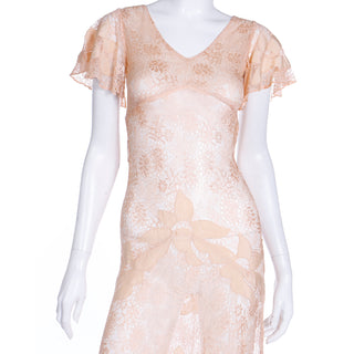 1930s Peach Lace Vintage Dress w/ Silk Floral Appliqués & Butterfly Sleeves Sheer Silk
