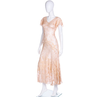 1930s Peach Lace Vintage Dress w/ Silk Floral Appliqués & Butterfly Sleeves Sheer