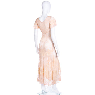 1930s Peach Lace Vintage Dress w/ Silk Floral Appliqués & Butterfly Sleeves Size XS