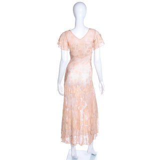 1930s Peach Lace Vintage Dress w/ Silk Floral Appliqués & Butterfly Sleeves XS