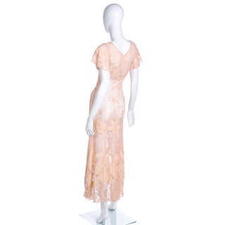 1930s Peach Lace Vintage Dress w/ Silk Floral Appliqués & Butterfly Sleeves XS/S