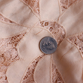 1930s Peach Lace Vintage Dress w/ Silk Floral Appliqués & Butterfly Sleeves