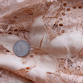 1930s Peach Lace Vintage Dress w/ Silk Floral Appliqués & Butterfly Sleeves