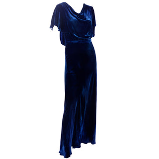 1930s vintage blue velvet dress with flutter sleeves