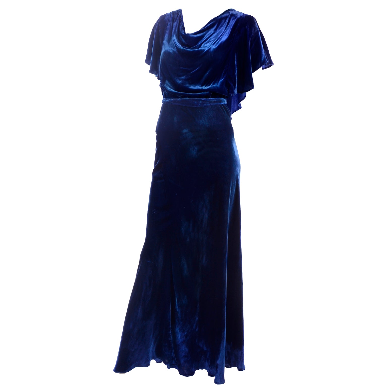 Vintage 1930s Blue Velvet Dress Bias Cut With Flutter Sleeves Modig Vintage 1930s Blue Velvet Dress Bias Cut With Flutter Sleeves Modig