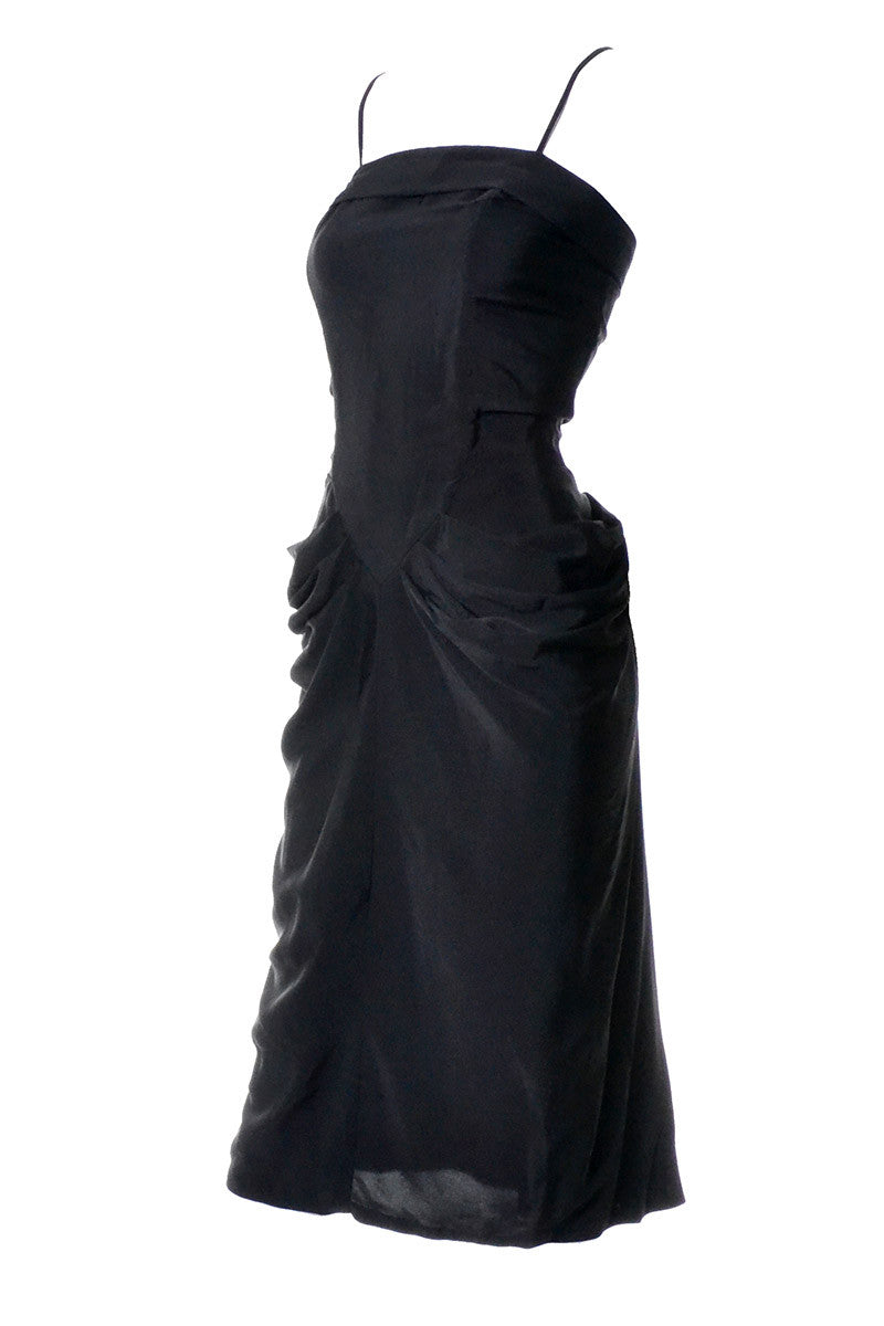 1930s Gathered Black Rayon Vintage Cocktail Dress Spaghetti Straps 6 Modig 1930s Gathered Black Rayon Vintage Cocktail Dress Spaghetti Straps 6 Modig