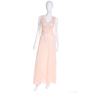 1930s Peach Pink Silk Long Vintage Nightgown with Floral Applique over Netting