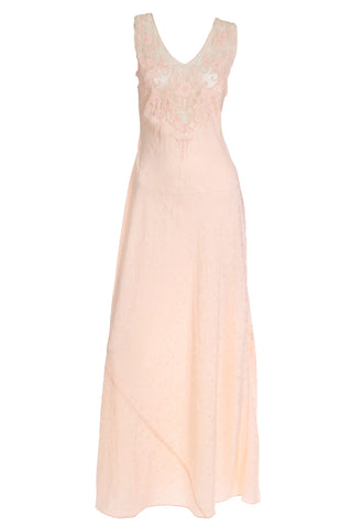 1930s Peach Pink Silk Long Vintage Nightgown with Floral Applique